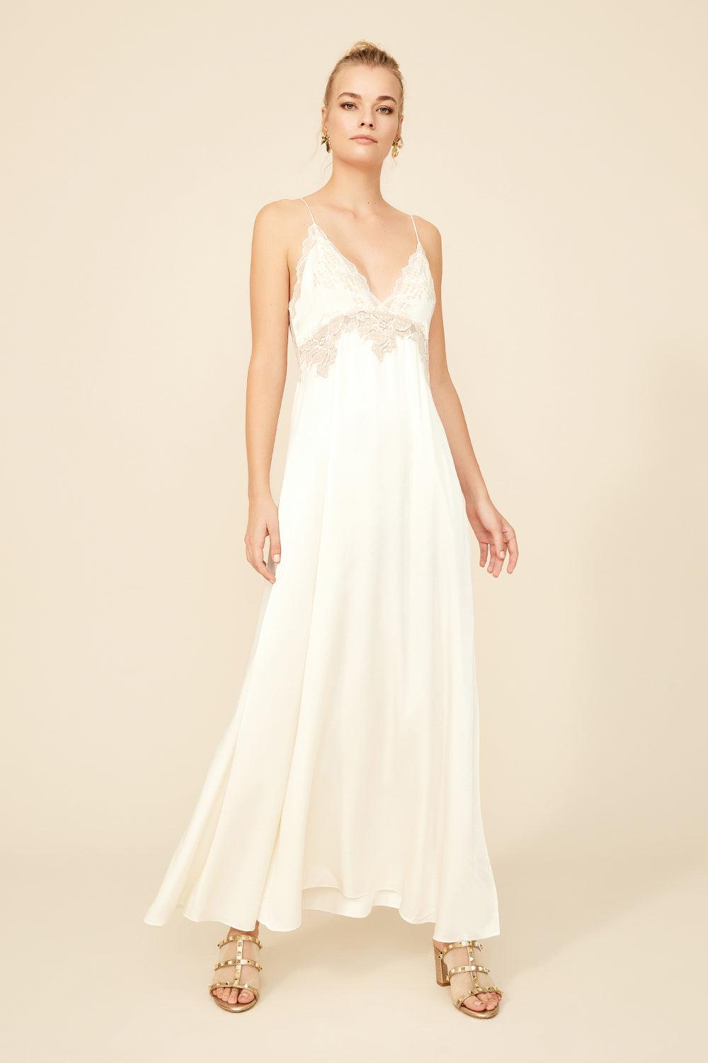 Rachel - Long Rayon Strapped Nightgown - Off white with Gold - Bocan