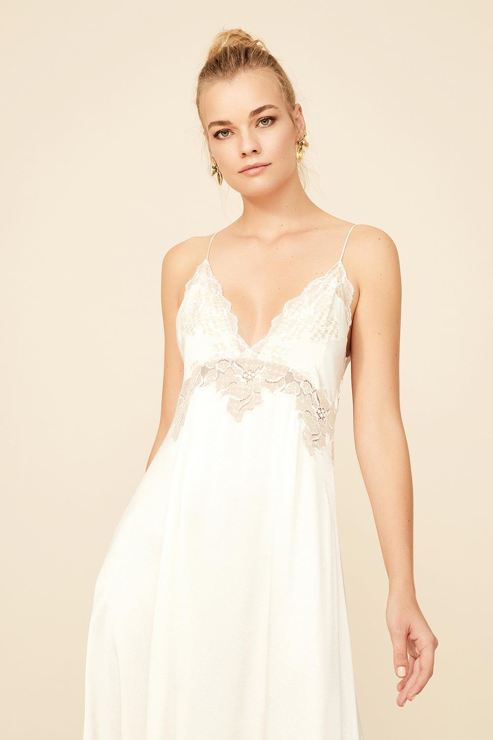 Rachel - Long Rayon Strapped Nightgown - Off white with Gold - Bocan