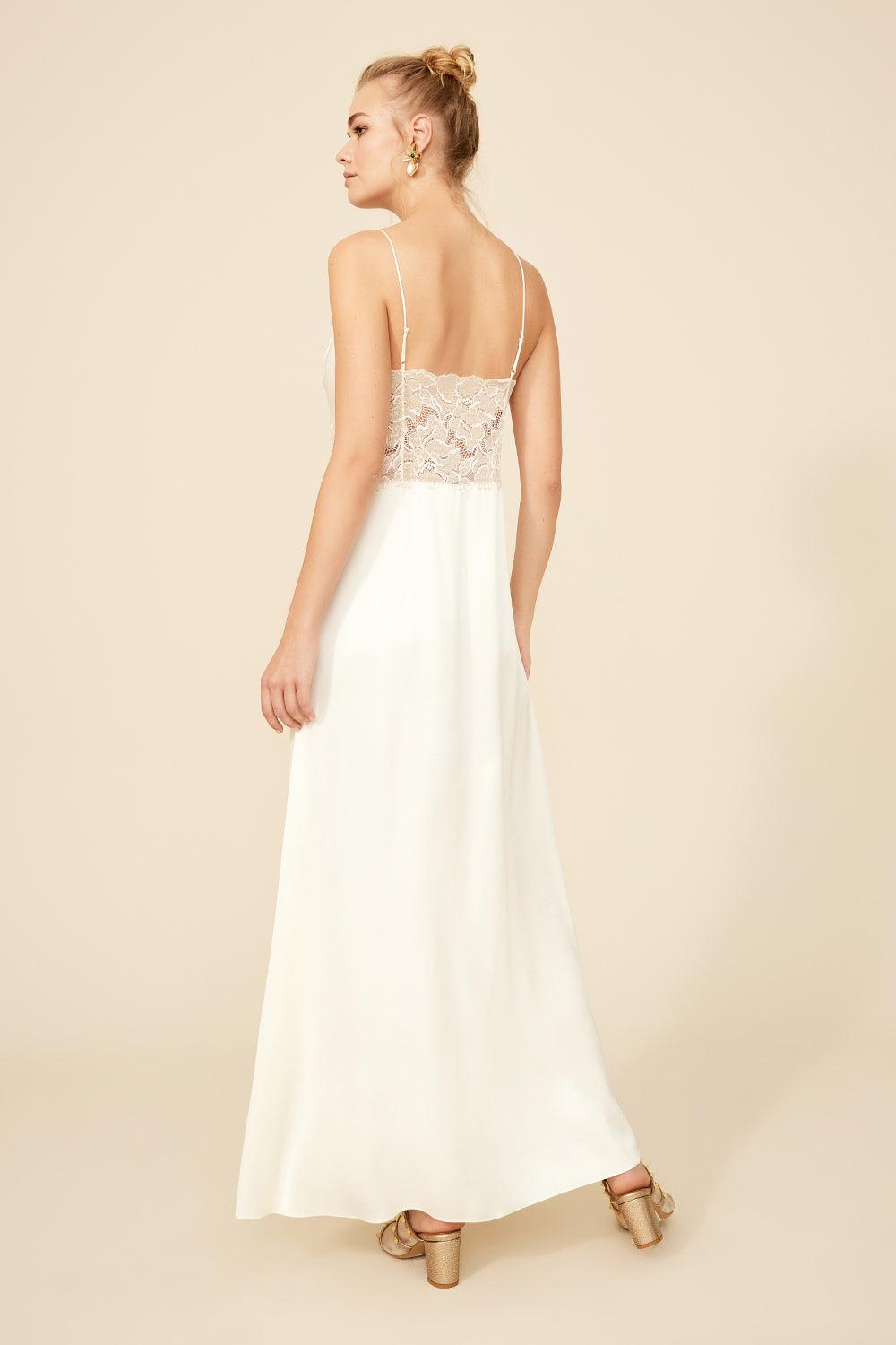 Rachel - Long Rayon Strapped Nightgown - Off white with Gold - Bocan