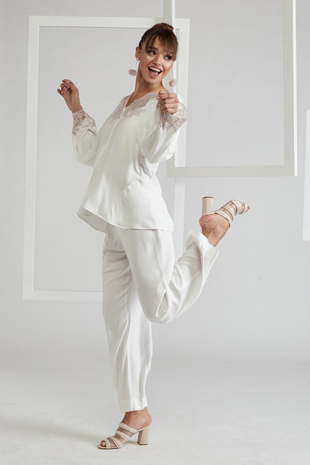 Rayon Full Buttoned Rayon Pyjama Set Off White - Big Rose (Powder) - Bocan