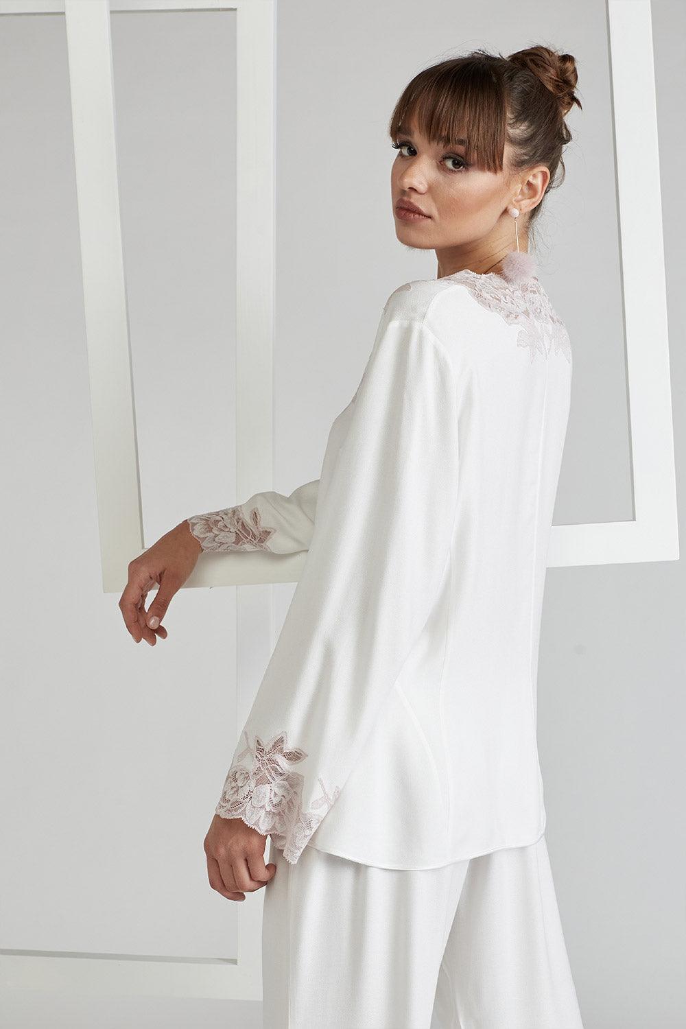 Rayon Full Buttoned Rayon Pyjama Set Off White - Big Rose (Powder) - Bocan