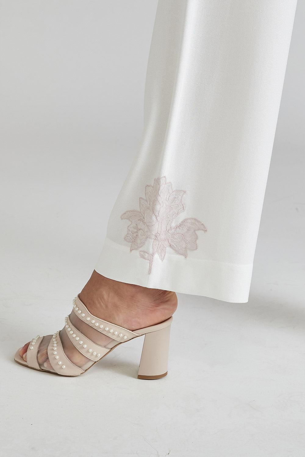 Rayon Full Buttoned Rayon Pyjama Set Off White - Big Rose (Powder) - Bocan