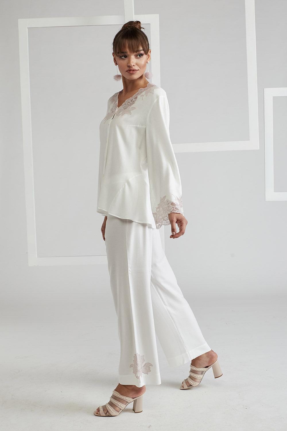 Rayon Full Buttoned Rayon Pyjama Set Off White - Big Rose (Powder) - Bocan