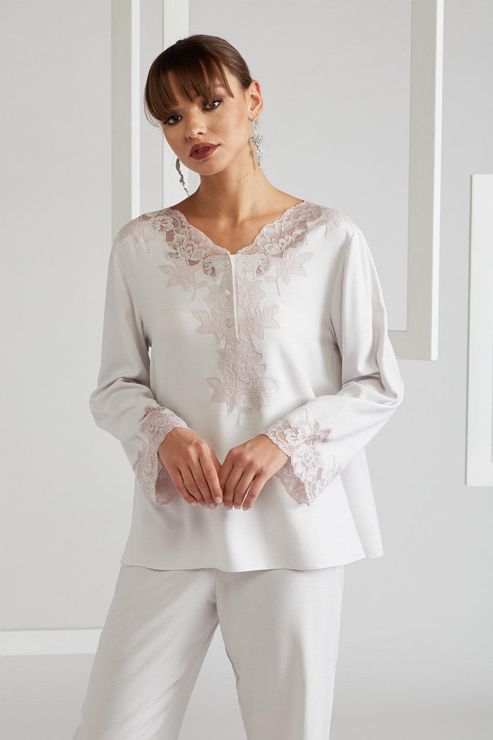 Rayon Half Buttoned Pyjama Set Light Grey Powder - Big Rose - Bocan