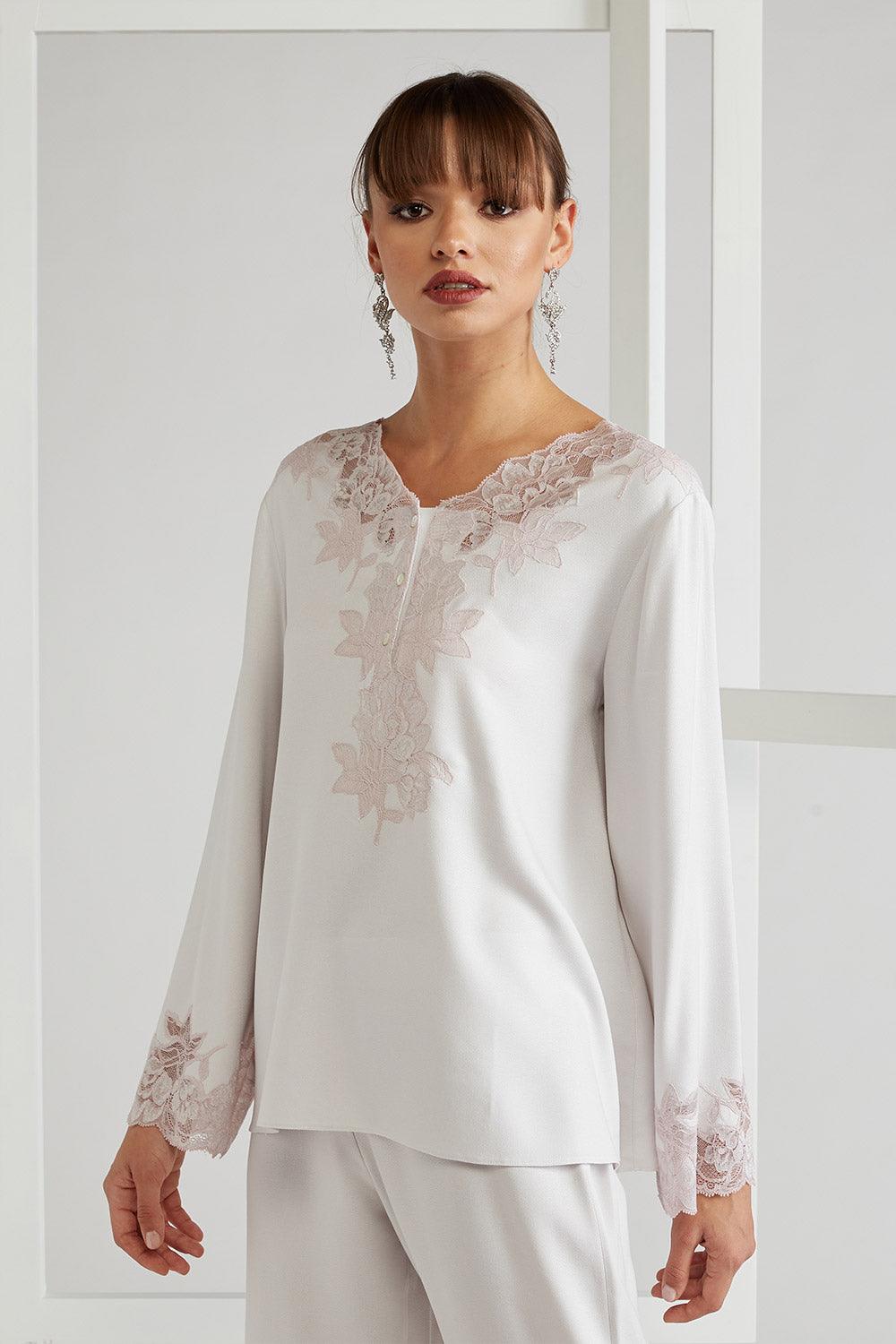 Rayon Half Buttoned Pyjama Set Light Grey Powder - Big Rose - Bocan