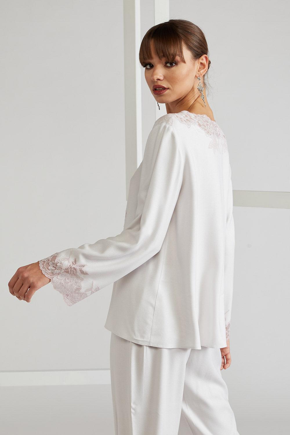 Rayon Half Buttoned Pyjama Set Light Grey Powder - Big Rose - Bocan