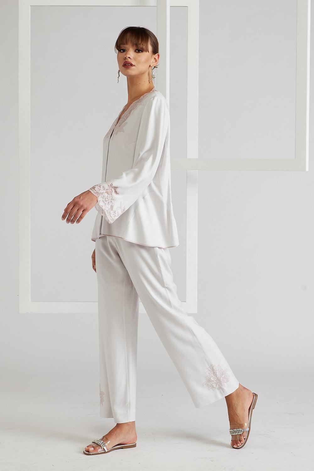 Rayon Pyjama Set - Light Grey - Big Rose - Bocan