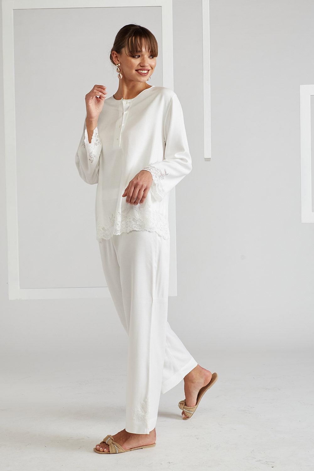 Rayon Pyjama Set - Off White Big Rose - Bocan