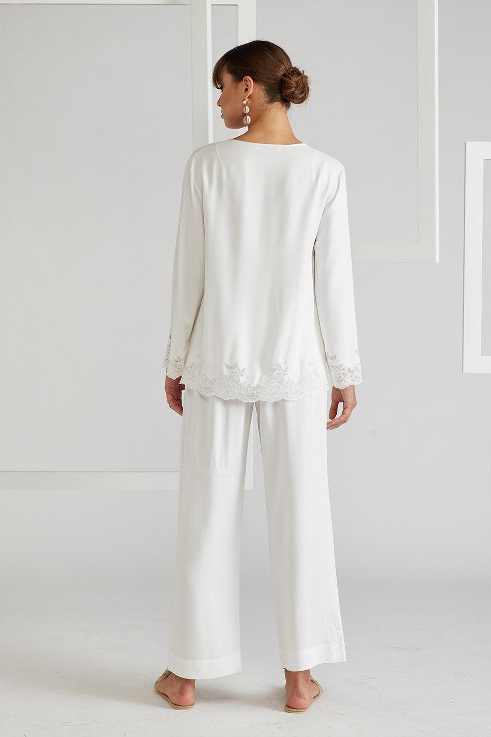 Rayon Pyjama Set - Off White Big Rose - Bocan