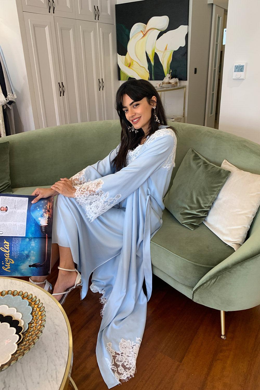 Rayon Robe Set Baby Blue - Ecru - Bocan