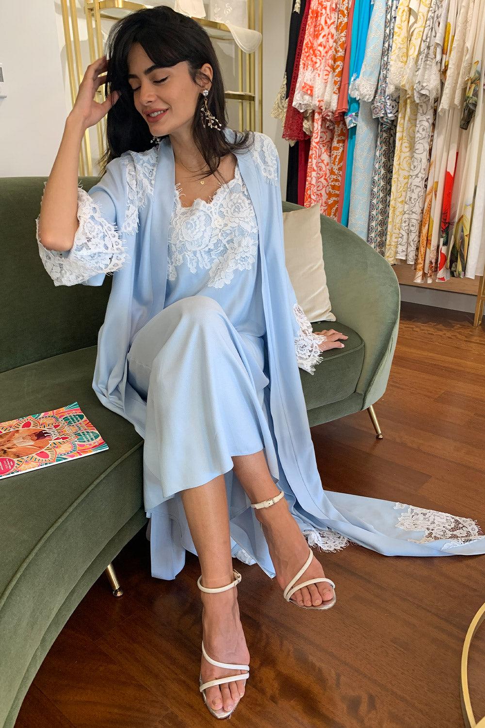 Rayon Robe Set Baby Blue - Ecru - Bocan
