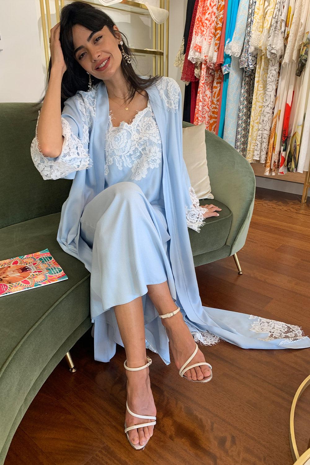 Rayon Robe Set Baby Blue - Ecru - Bocan