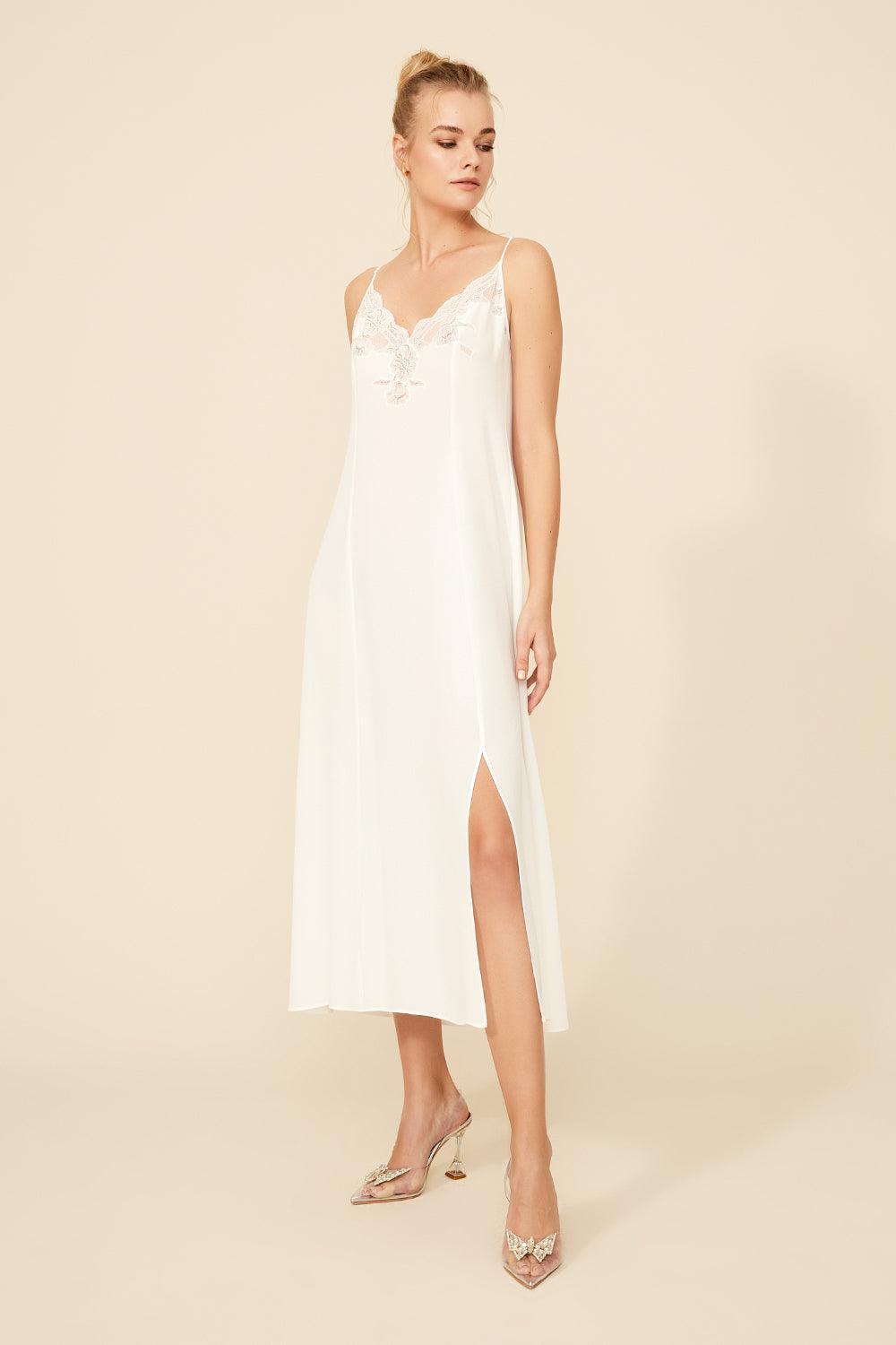Remi - Silk Crepe Nightie with Straps - Off White - Bocan
