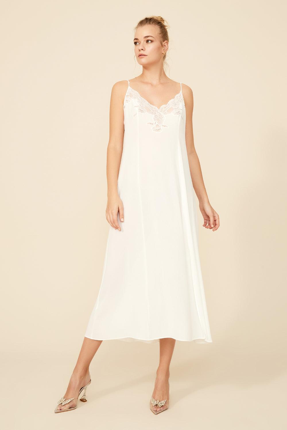 Remi - Silk Crepe Nightie with Straps - Off White - Bocan