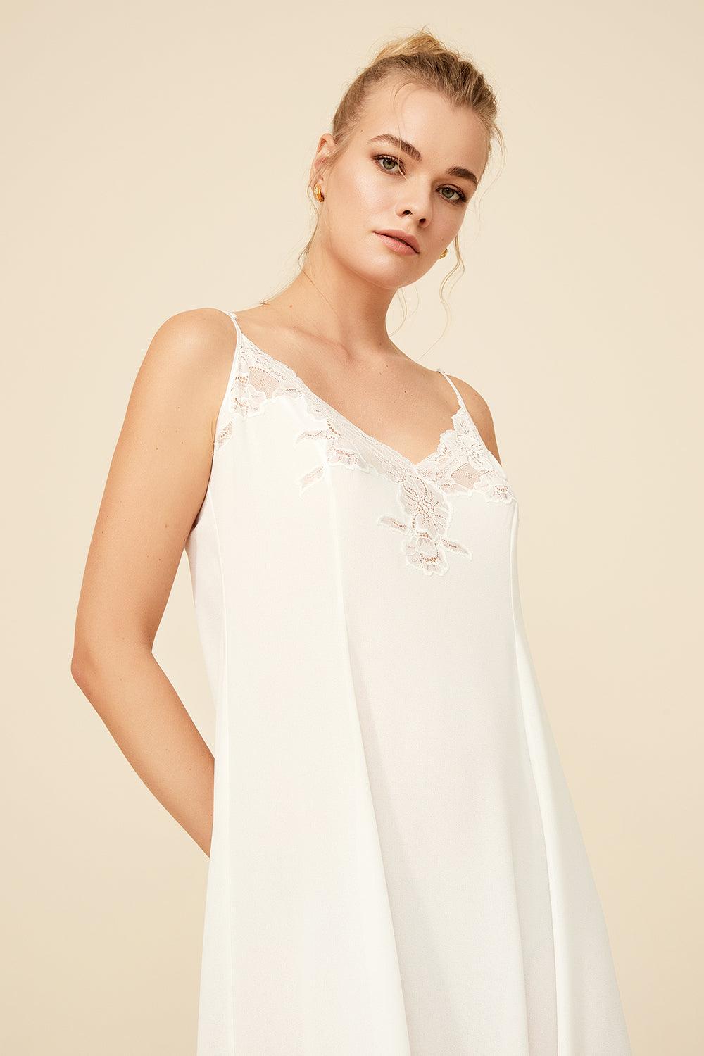 Remi - Silk Crepe Nightie with Straps - Off White - Bocan