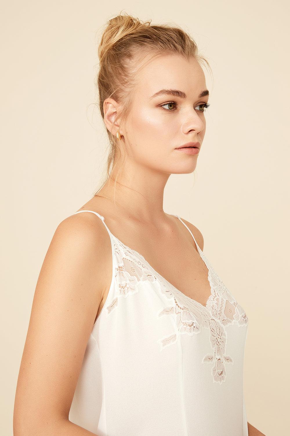 Remi - Silk Crepe Nightie with Straps - Off White - Bocan