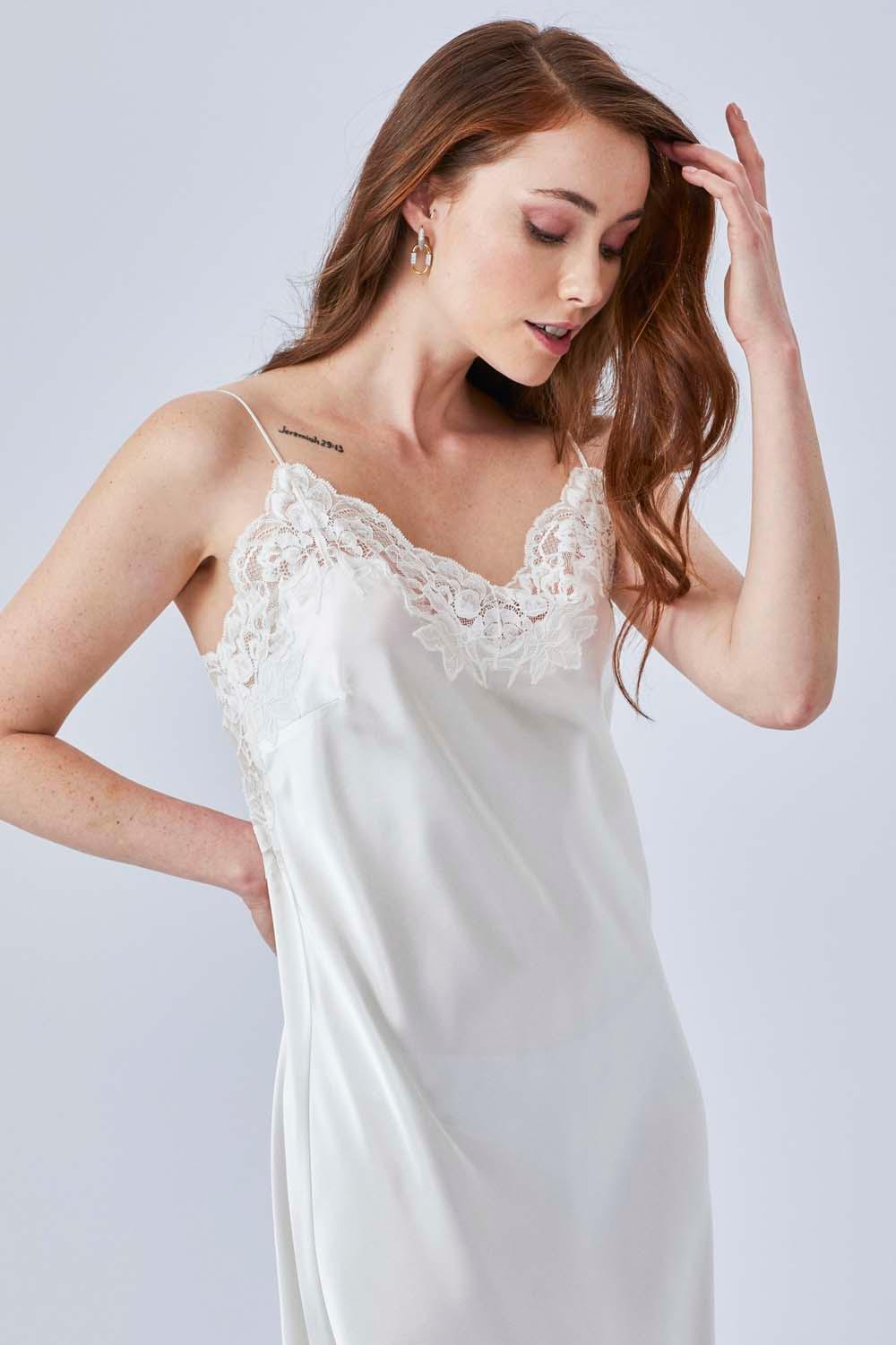 Rena - Long Silk Sateen Strapped Nightgown - Off White