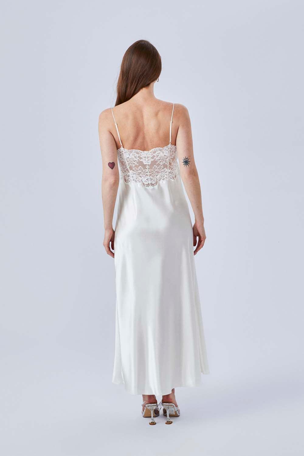 Rena - Long Silk Sateen Strapped Nightgown - Off White - Bocan