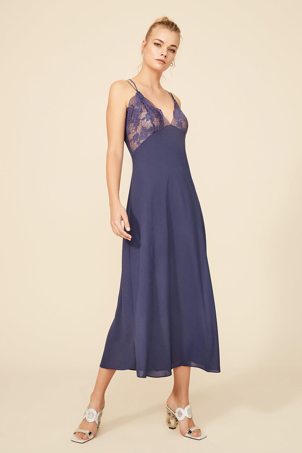 Roxie - Long Strapped Silk Crepe Nightie - Navy - Bocan