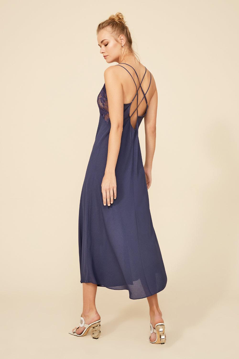 Roxie - Long Strapped Silk Crepe Nightie - Navy - Bocan