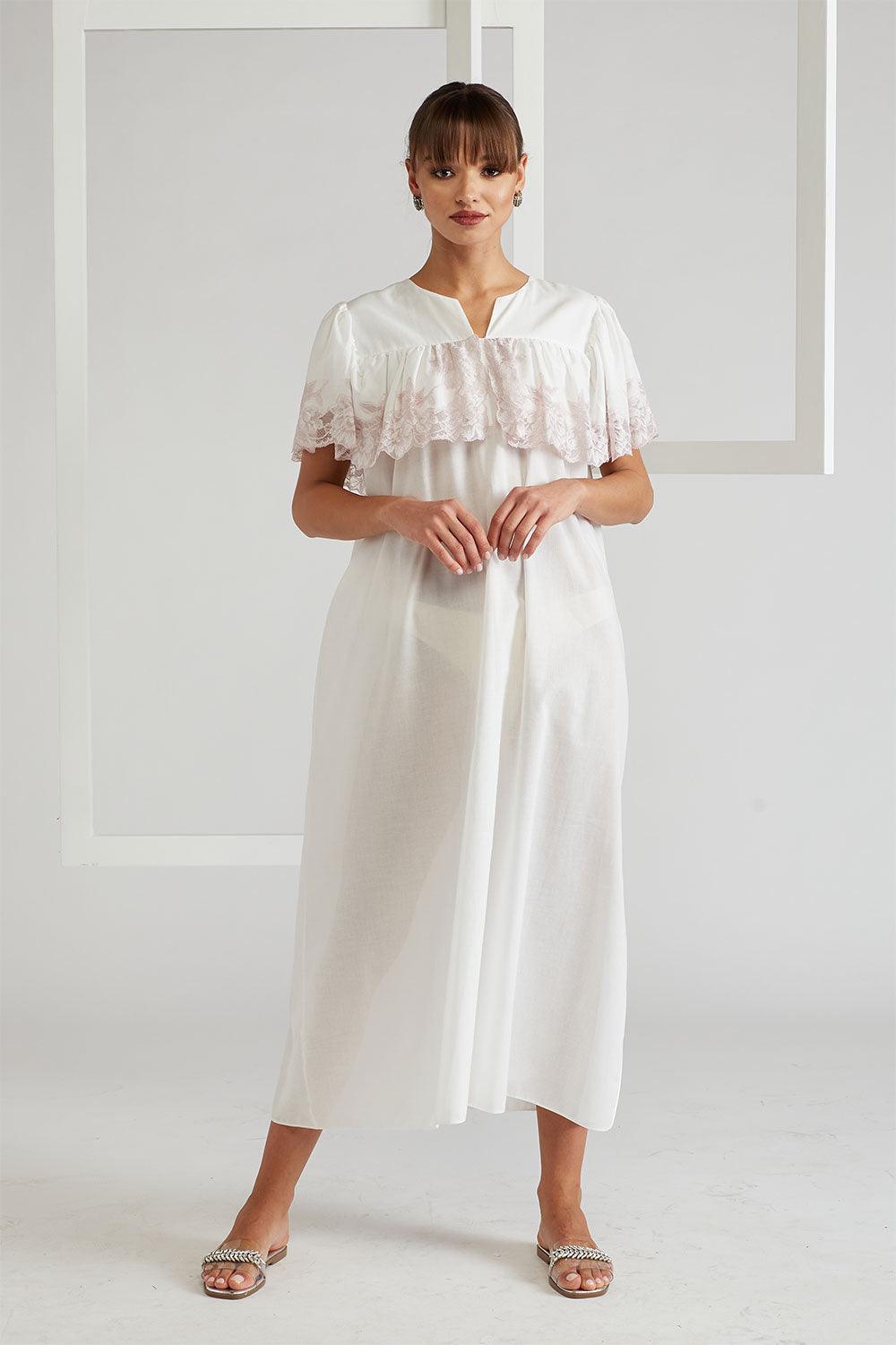 Ruffled Cotton Voile Dress Ecru - French Rose - Bocan