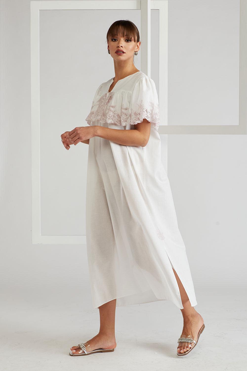 Ruffled Cotton Voile Dress Ecru - French Rose - Bocan