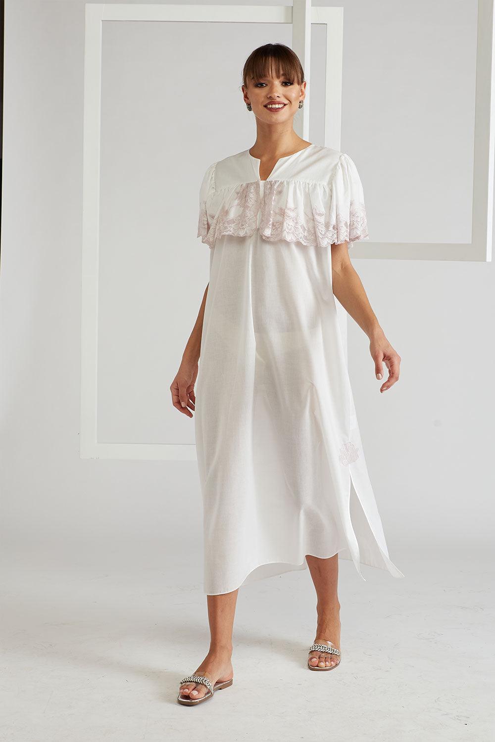 Ruffled Cotton Voile Dress Ecru - French Rose - Bocan