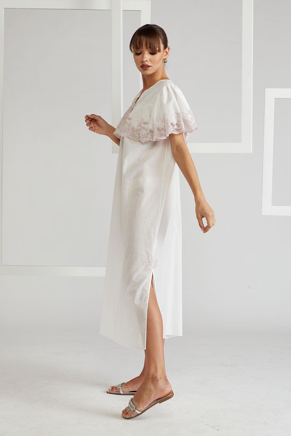 Ruffled Cotton Voile Dress Ecru - French Rose - Bocan