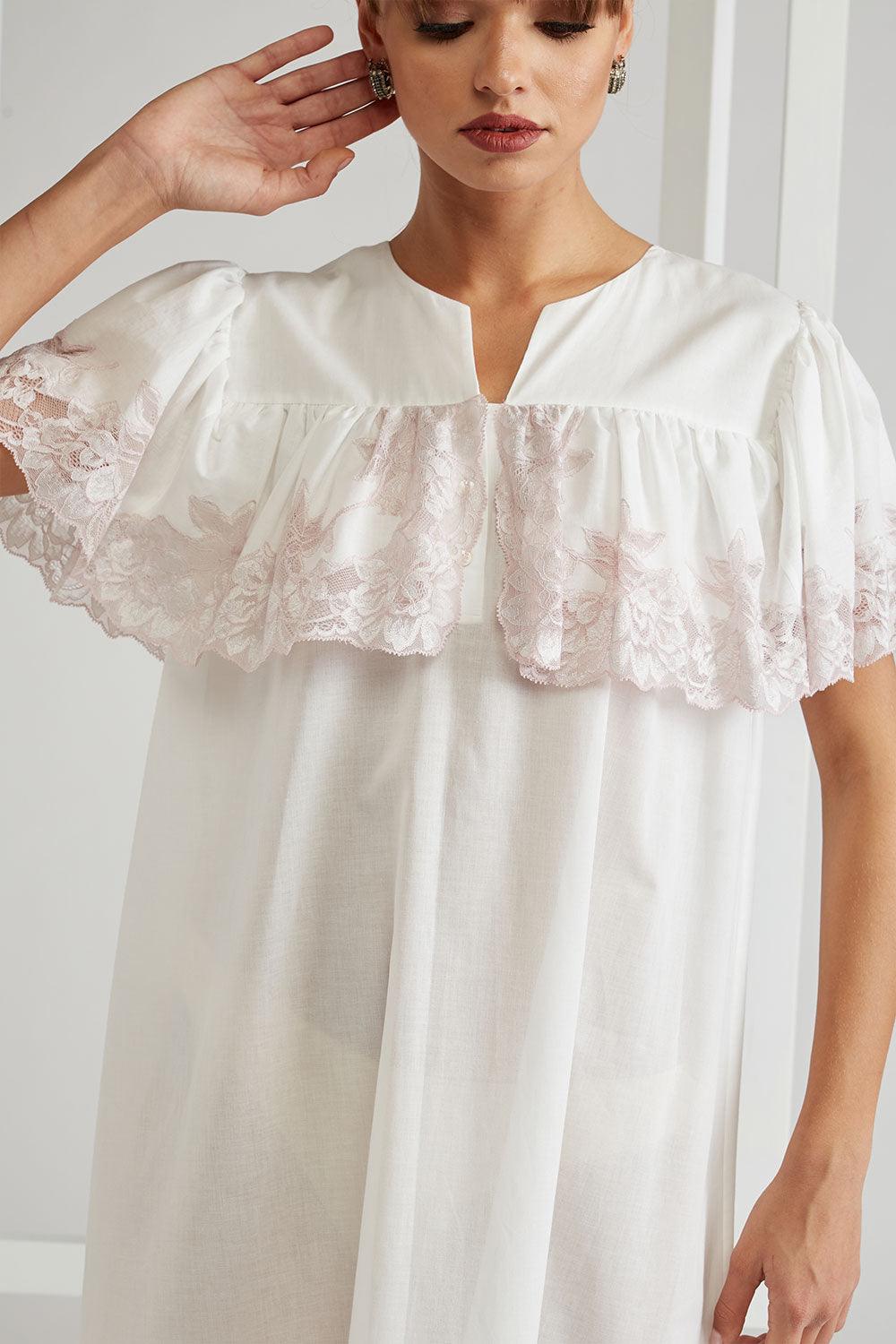 Ruffled Cotton Voile Dress Ecru - French Rose - Bocan