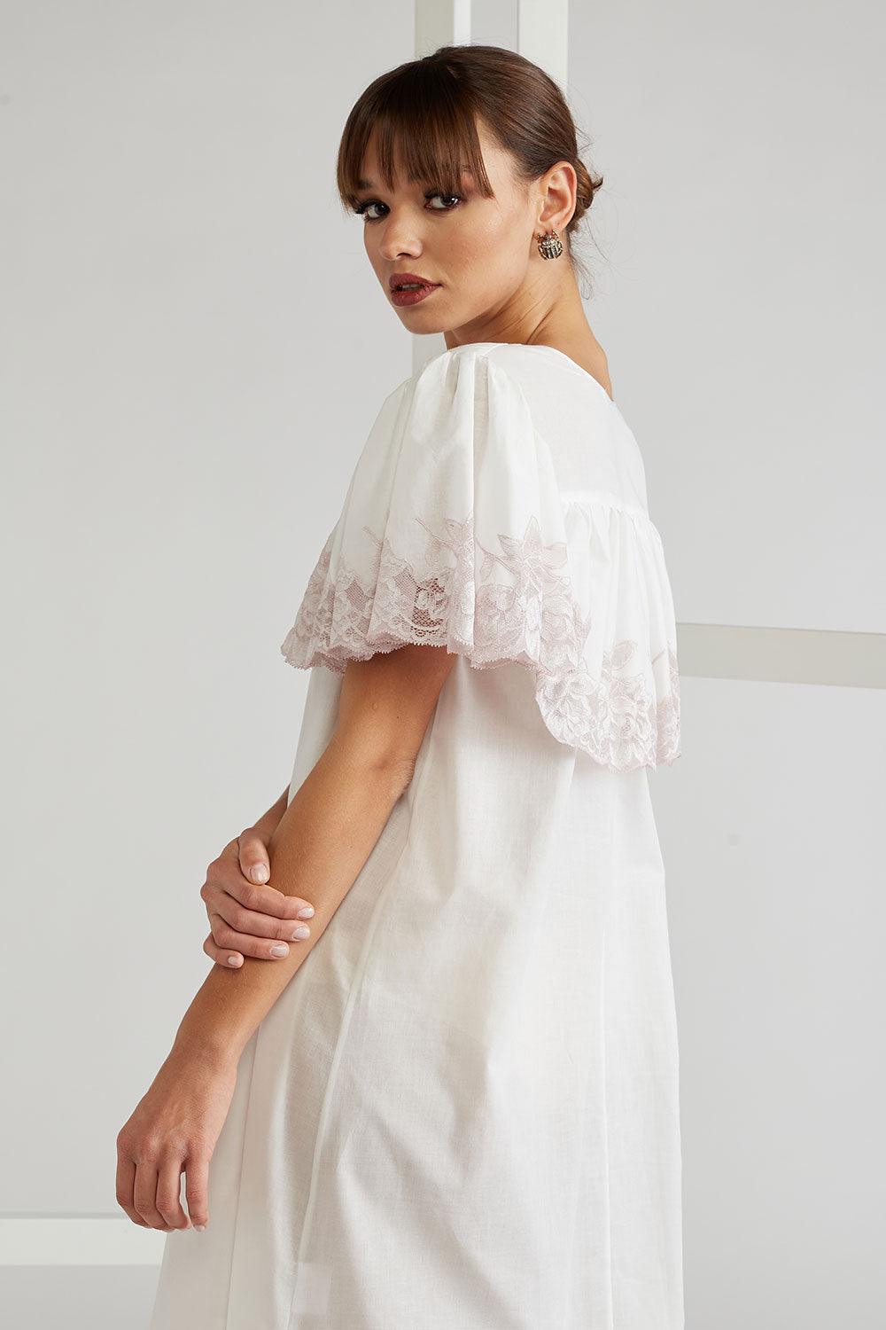 Ruffled Cotton Voile Dress Ecru - French Rose - Bocan