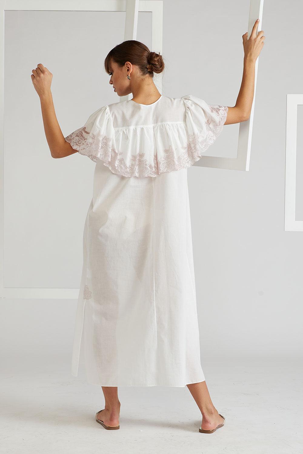 Ruffled Cotton Voile Dress Ecru - French Rose - Bocan