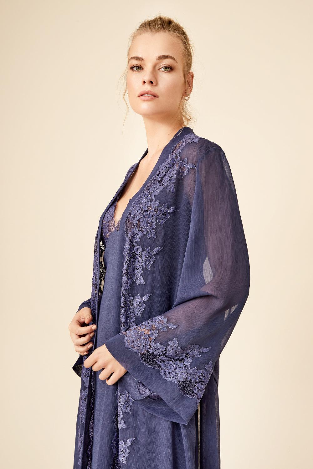 Saoirse - Long Silk Chiffon Robe Set - Navy - Bocan