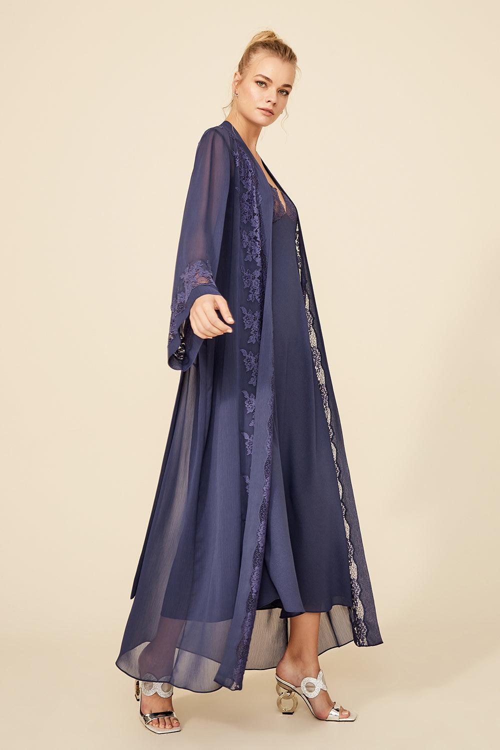 Saoirse - Long Silk Chiffon Robe Set - Navy - Bocan