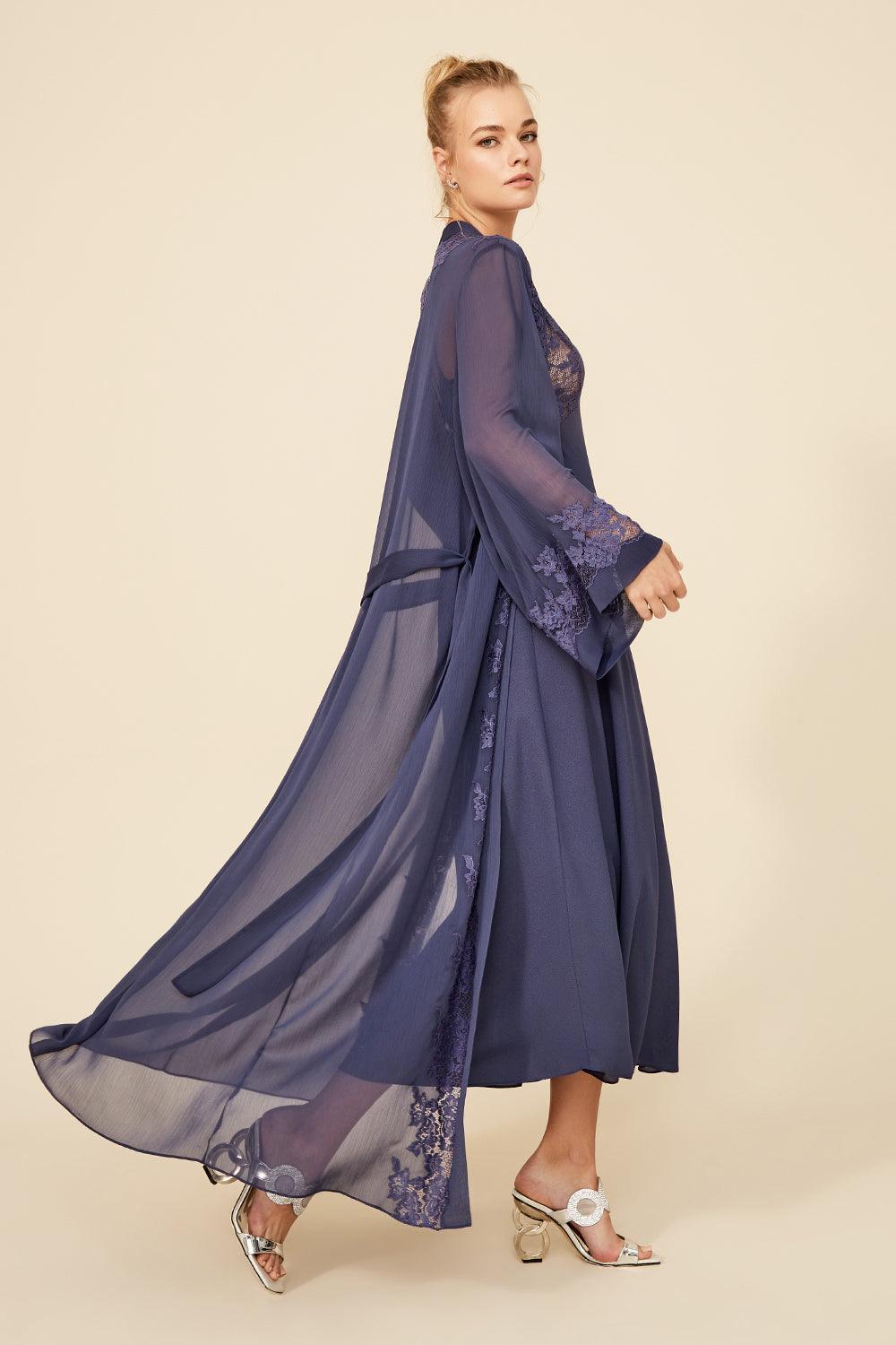 Saoirse - Long Silk Chiffon Robe Set - Navy - Bocan