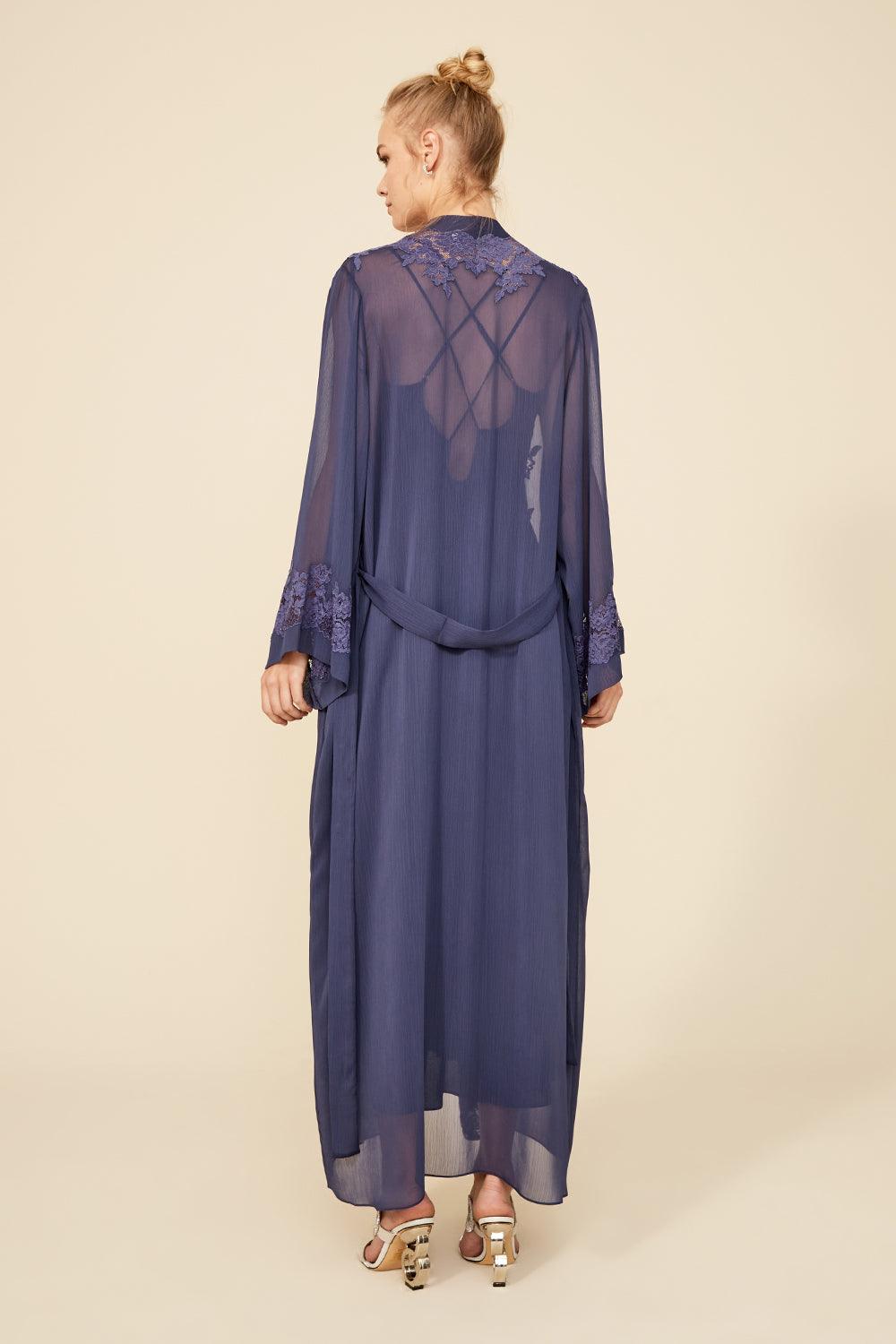 Saoirse - Long Silk Chiffon Robe Set - Navy - Bocan