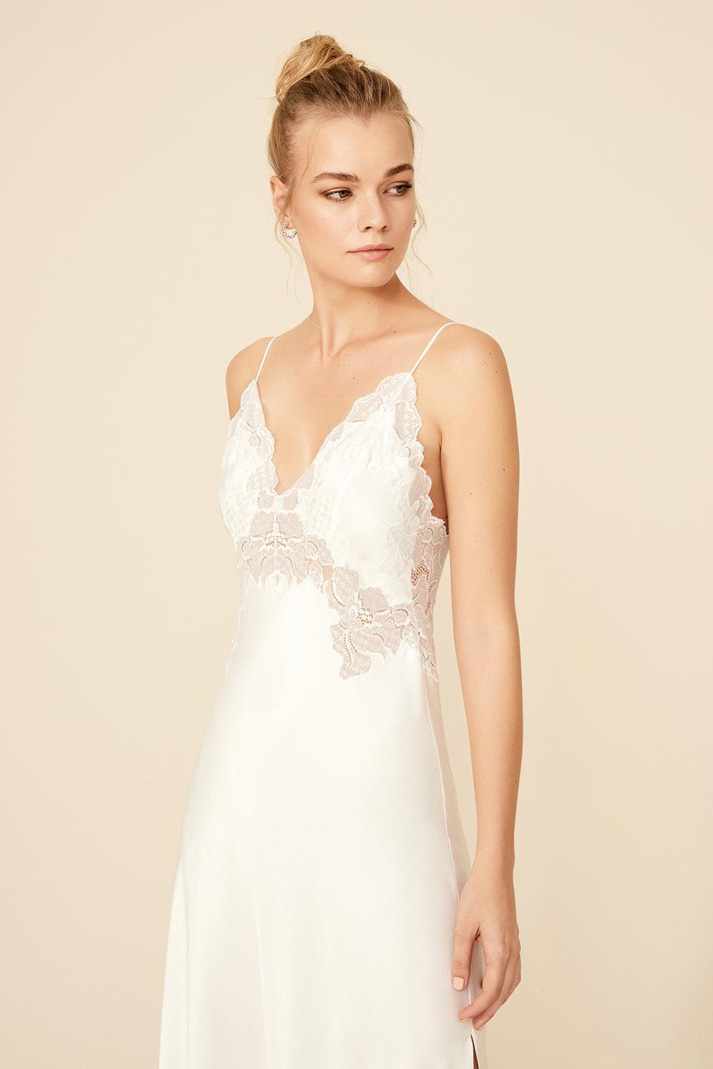 Shaina - Long Rayon Strapped Nightgown - Off white with Silver - Bocan