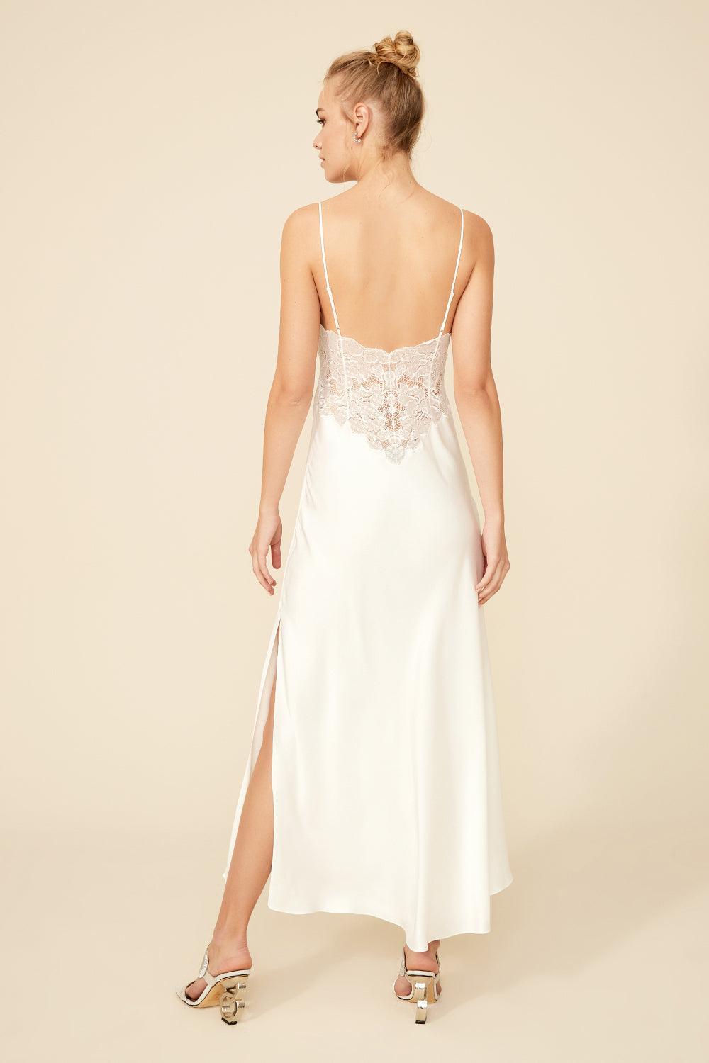 Shaina - Long Rayon Strapped Nightgown - Off white with Silver - Bocan