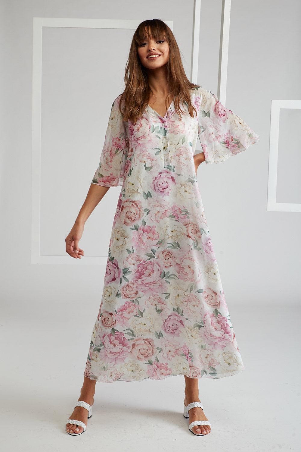 Silk Chiffon Dress Buttoned Printed - Gilly - Bocan