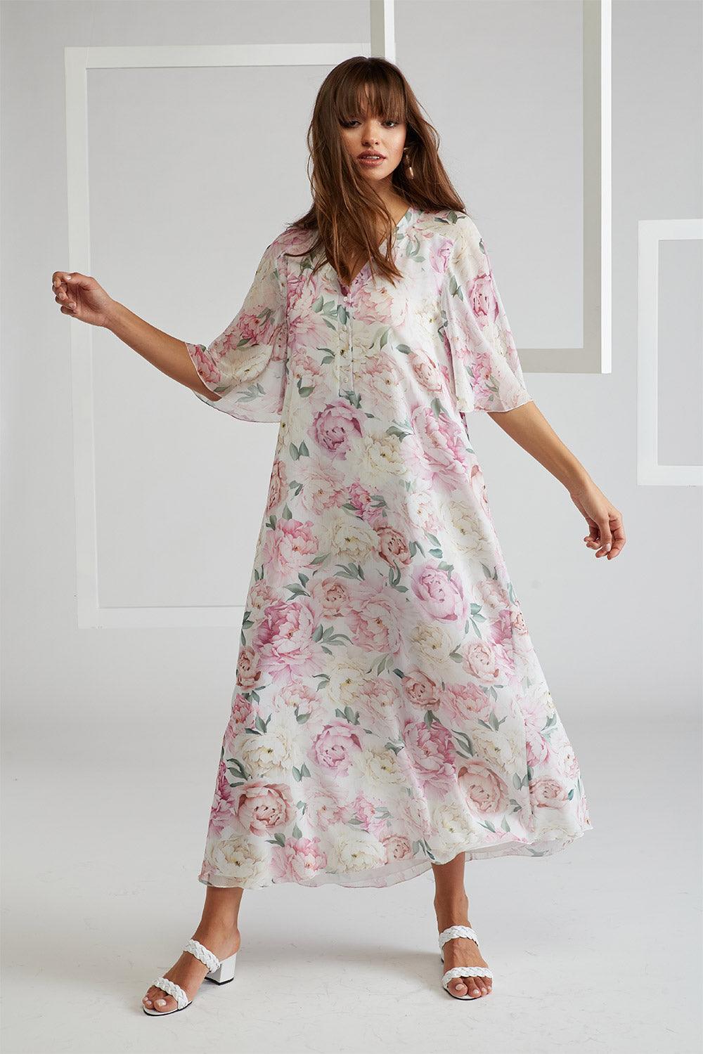 Silk Chiffon Dress Buttoned Printed - Gilly - Bocan