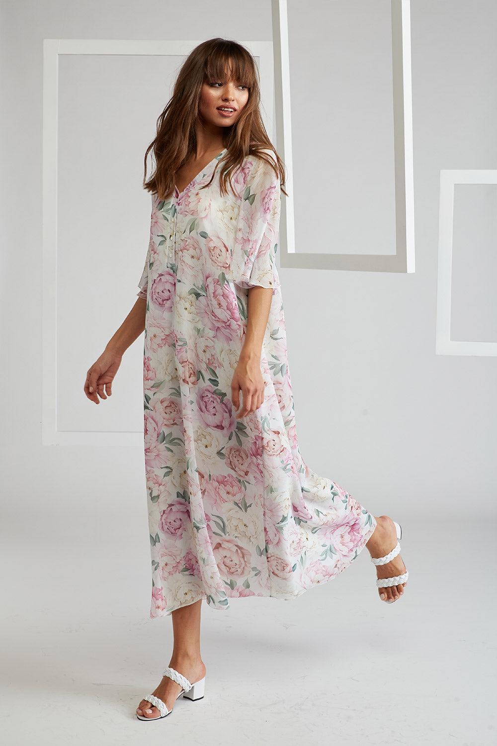 Silk Chiffon Dress Buttoned Printed - Gilly - Bocan