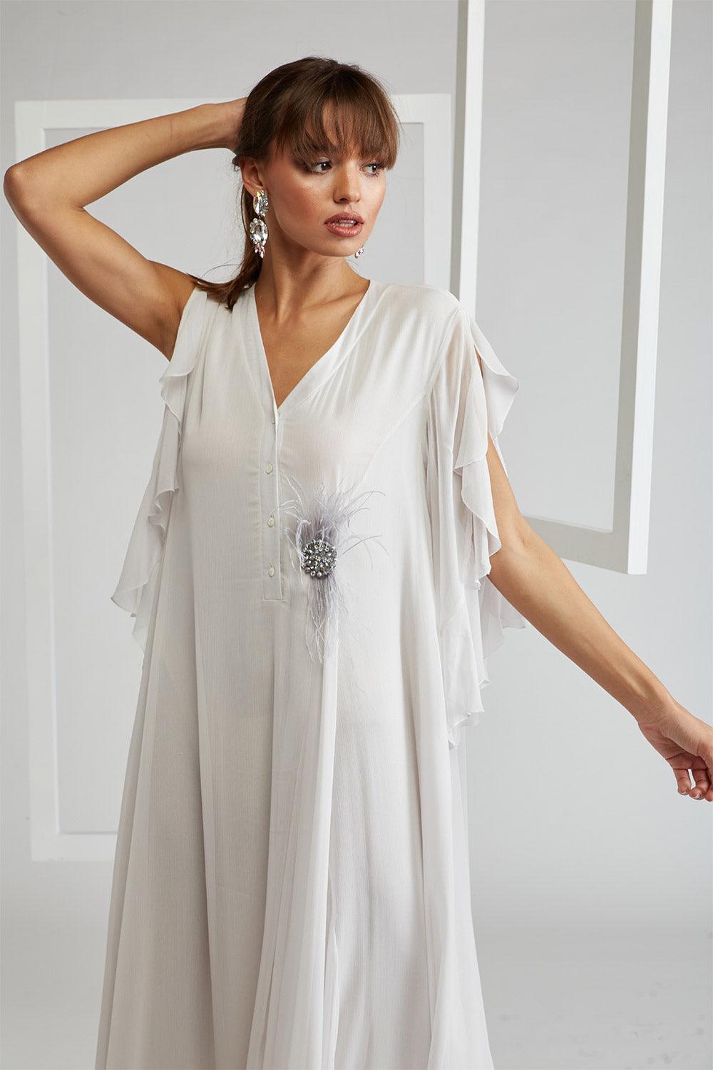 Silk Chiffon Dress Off White - Furry Pin - Bocan