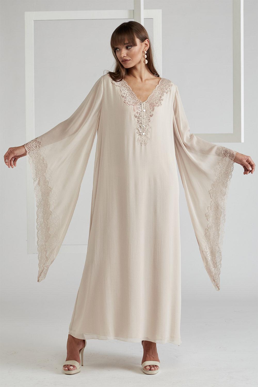 Silk Chiffon Dress Triangular Sleeve Beige - Nude - Bocan