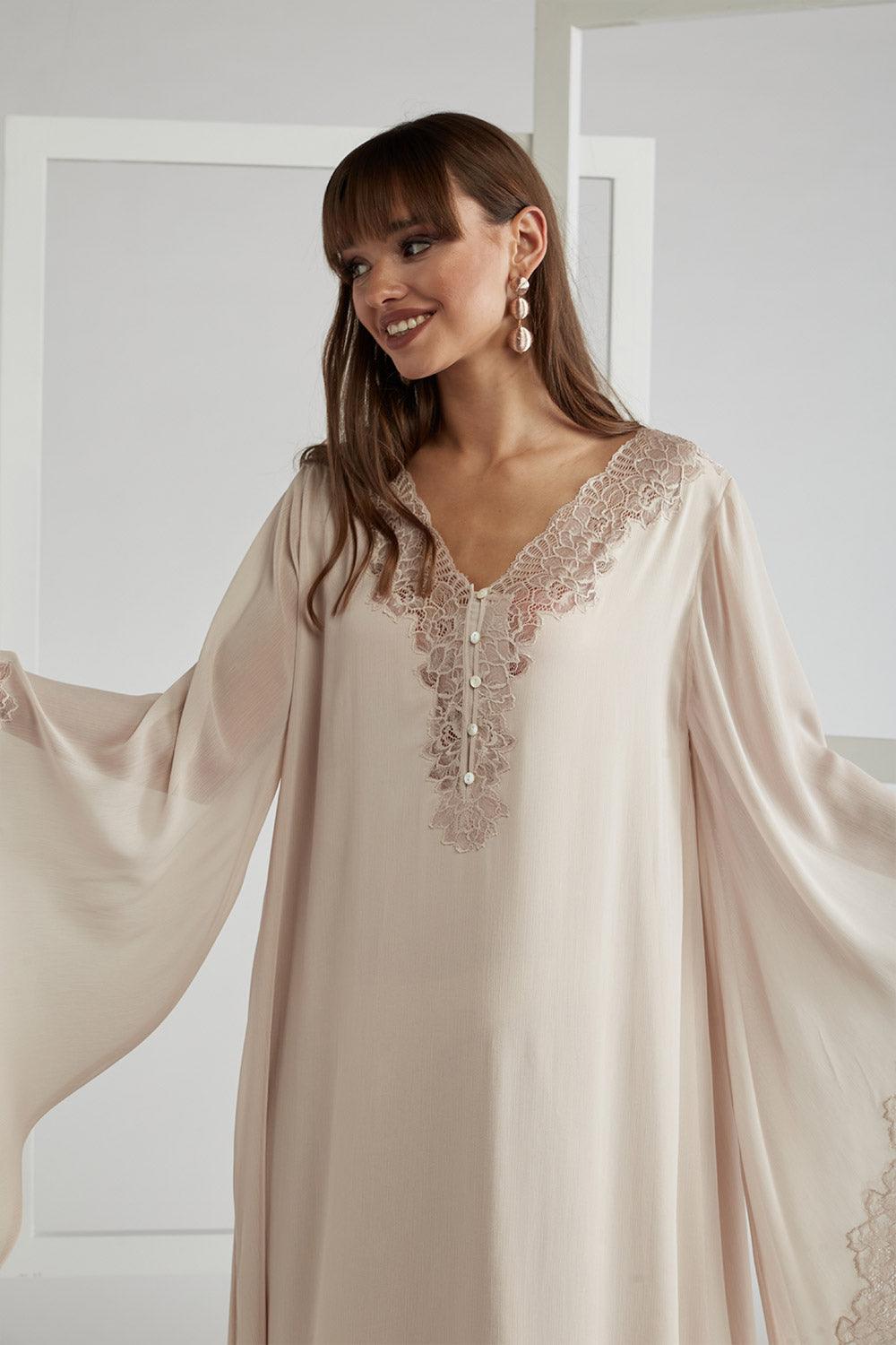 Silk Chiffon Dress Triangular Sleeve Beige - Nude - Bocan