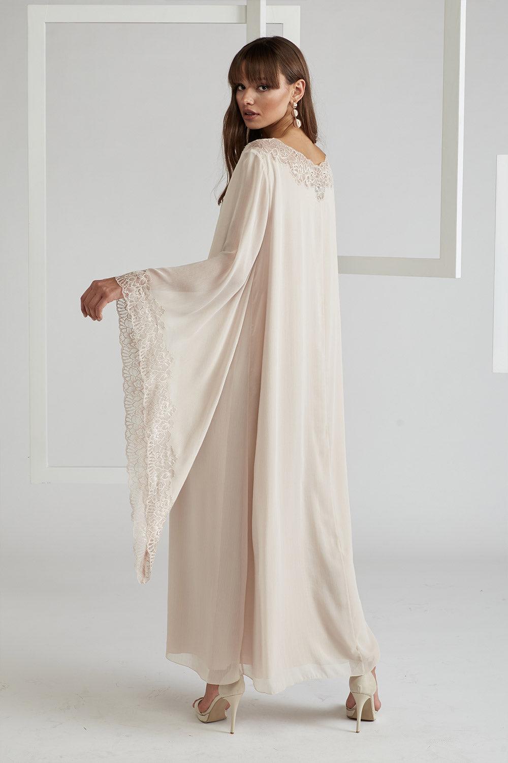 Silk Chiffon Dress Triangular Sleeve Beige - Nude - Bocan