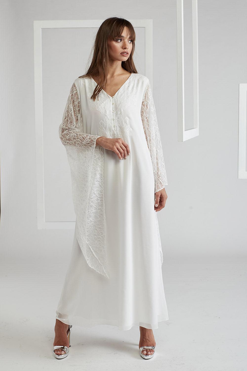 Silk Chiffon Dress Triangular Sleeve Off White - Emy - Bocan
