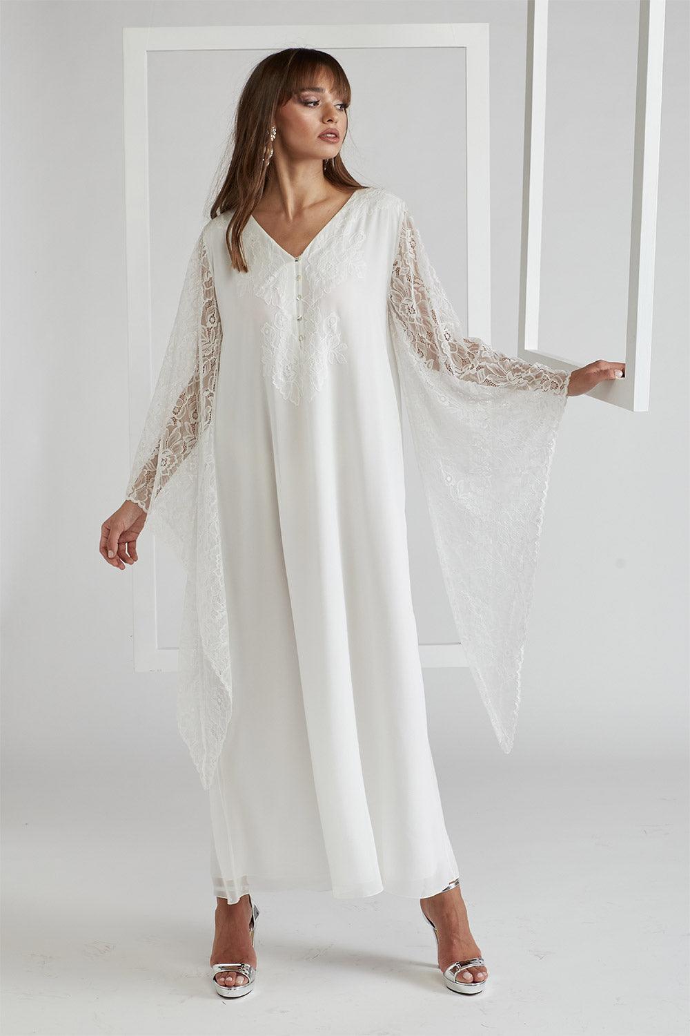 Silk Chiffon Dress Triangular Sleeve Off White - Emy - Bocan