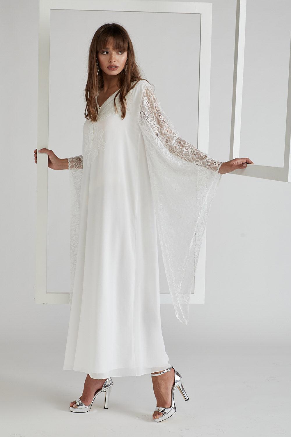Silk Chiffon Dress Triangular Sleeve Off White - Emy - Bocan