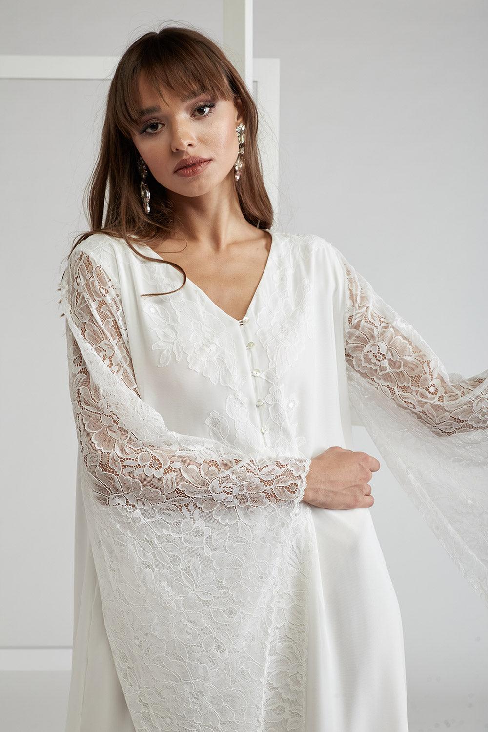 Silk Chiffon Dress Triangular Sleeve Off White - Emy - Bocan