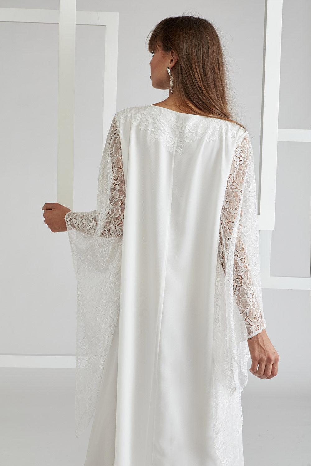Silk Chiffon Dress Triangular Sleeve Off White - Emy - Bocan