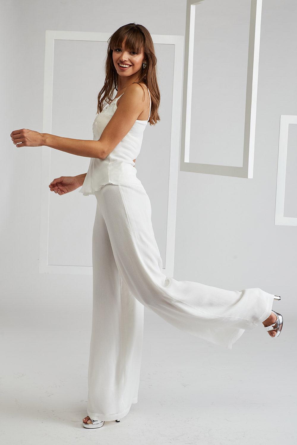 Silk Chiffon Pyjama Set with Long Robe - Off White - Bocan